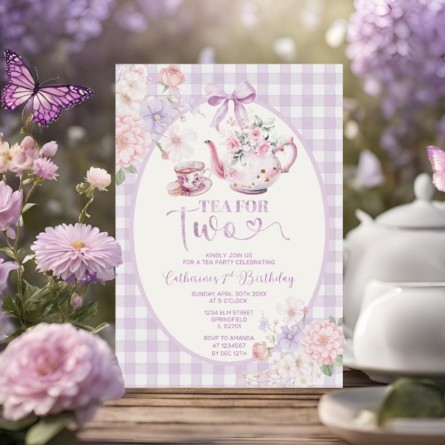 Convites Purple Gingham Floral Tea For Two 2nd Birthday (Criador carregado)
