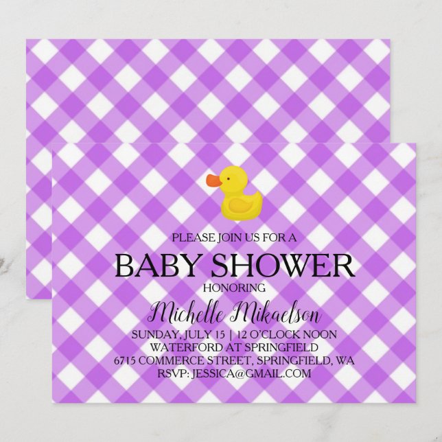 Convites Purple Gingham Rubber Duckie Baby Shower (Frente/Verso)