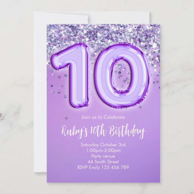 Convites Purple Glitter 10th Birthday Invitation (Frente)