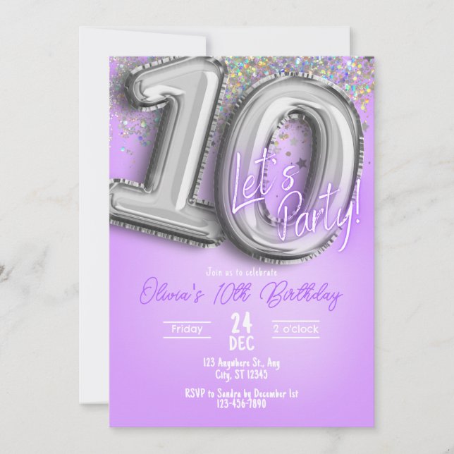 Convites Purple Glitter 10th Birthday Invitation (Frente)
