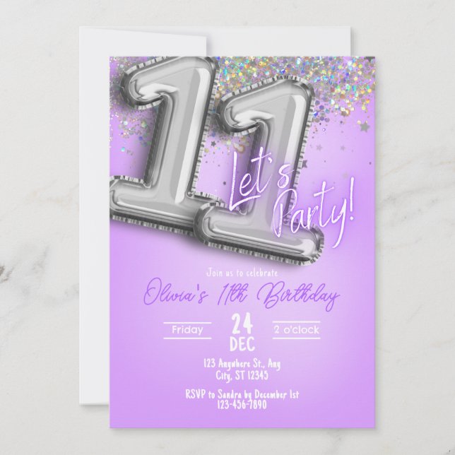Convites Purple Glitter 11th Birthday Invitation (Frente)