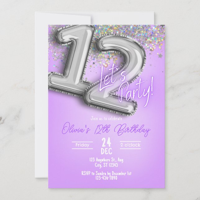 Convites Purple Glitter 12th Birthday Invitation (Frente)