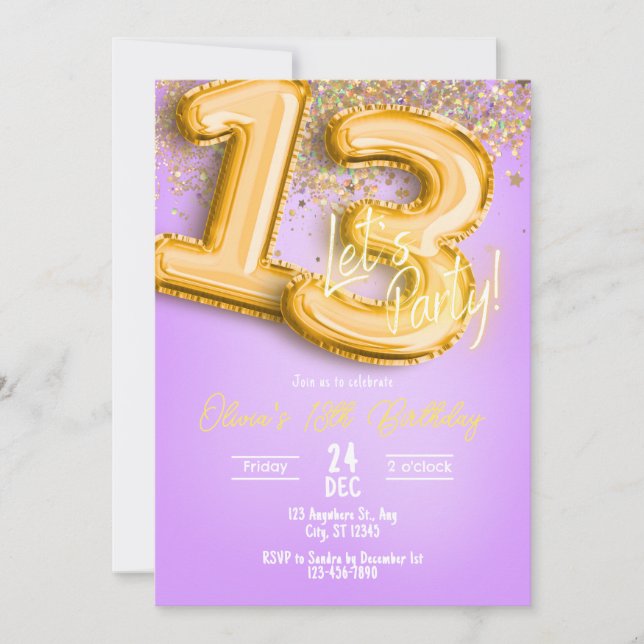 Convites Purple Glitter 13th Birthday Invitation (Frente)