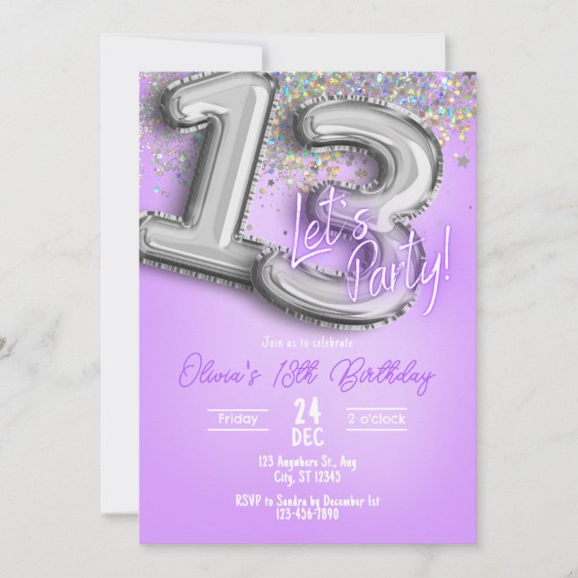 Convites Purple Glitter 13th Birthday Invitation (Frente)