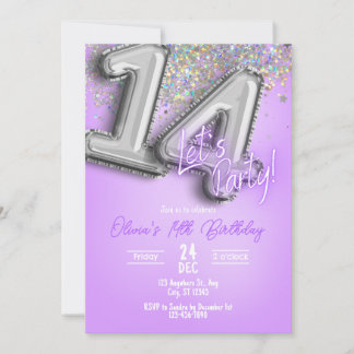 Convites Purple Glitter 14th Birthday Invitation