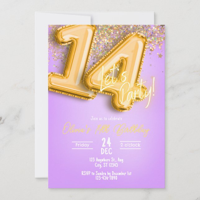 Convites Purple Glitter 14th Birthday Invitation (Frente)