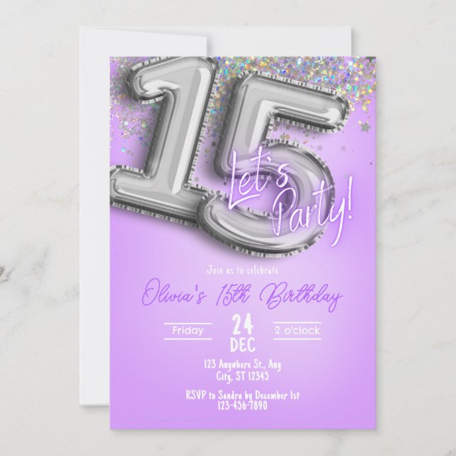 Convites Purple Glitter 15th Birthday Invitation (Frente)