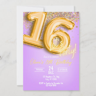Convites Purple Glitter 16th Birthday Invitation
