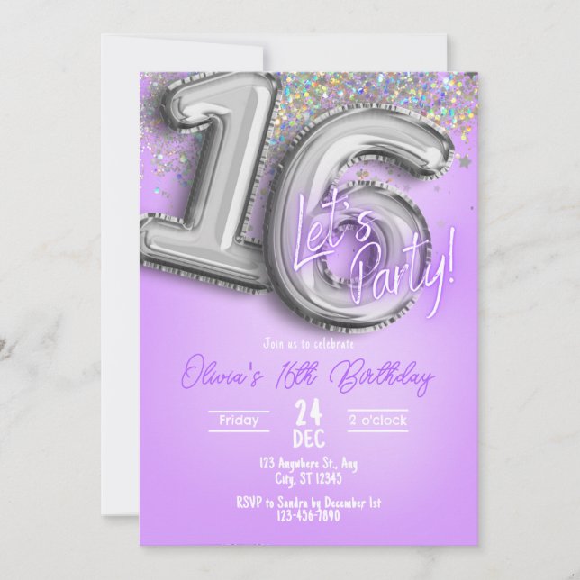 Convites Purple Glitter 16th Birthday Invitation (Frente)