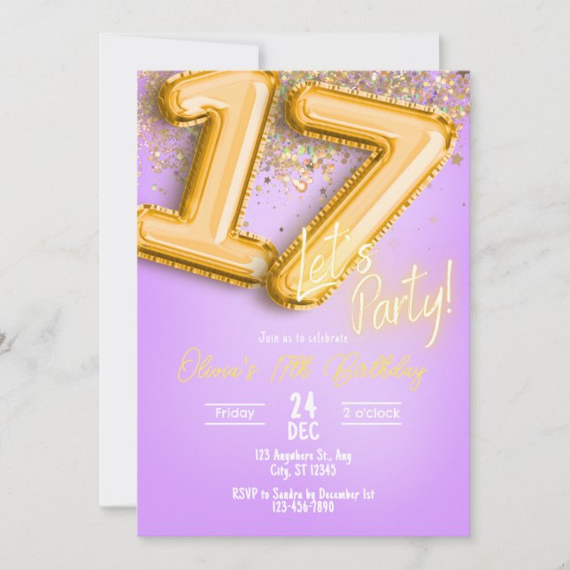 Convites Purple Glitter 17th Birthday Invitation (Frente)