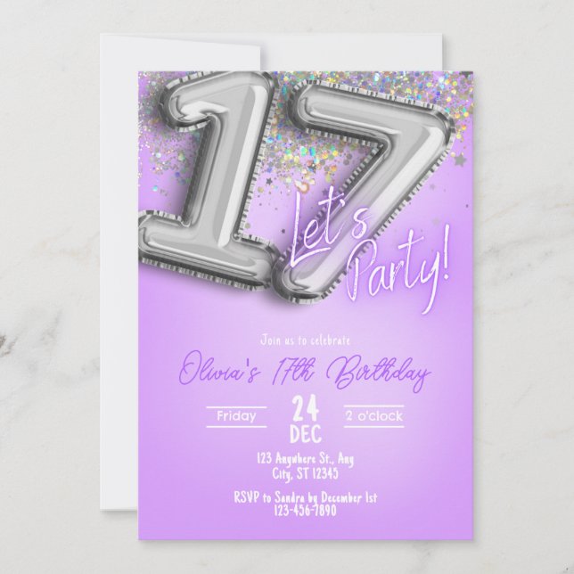 Convites Purple Glitter 17th Birthday Invitation (Frente)