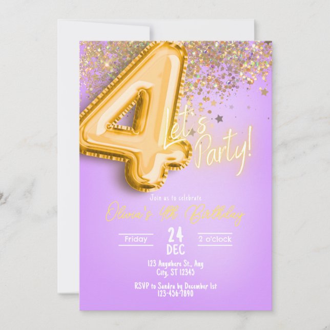 Convites Purple Glitter 4th Birthday Invitation (Frente)