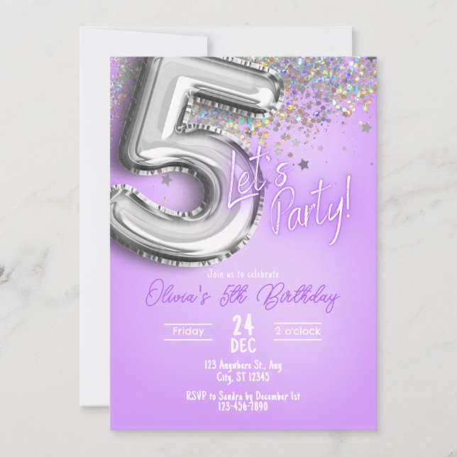 Convites Purple Glitter 5th Birthday Invitation (Frente)