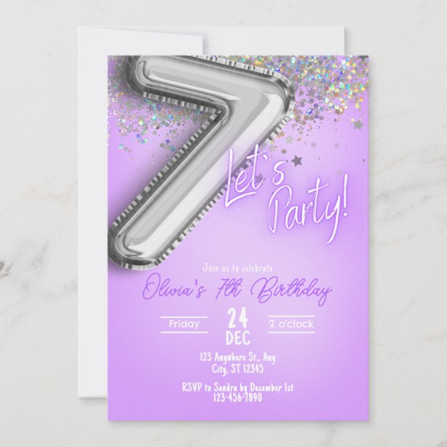 Convites Purple Glitter 7th Birthday Invitation (Frente)