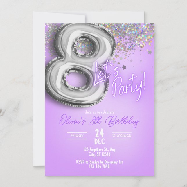 Convites Purple Glitter 8th Birthday Invitation (Frente)