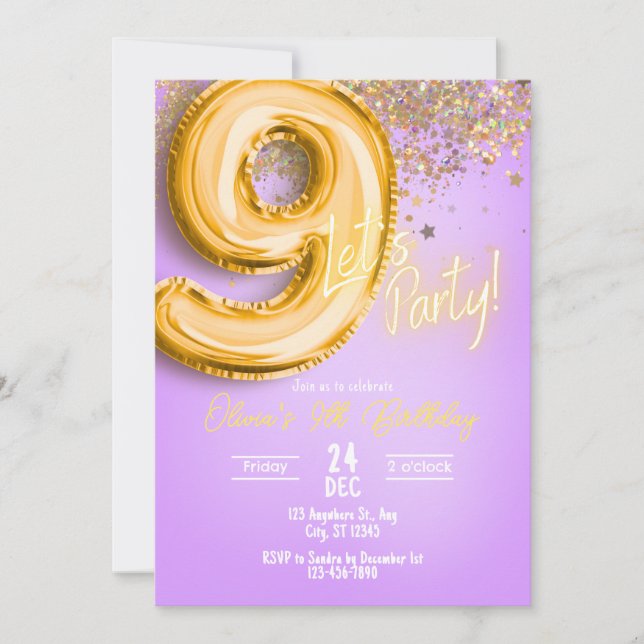Convites Purple Glitter 9th Birthday Invitation (Frente)
