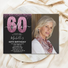 Convites Purple Glitter "Hello 60" Photo Birthday