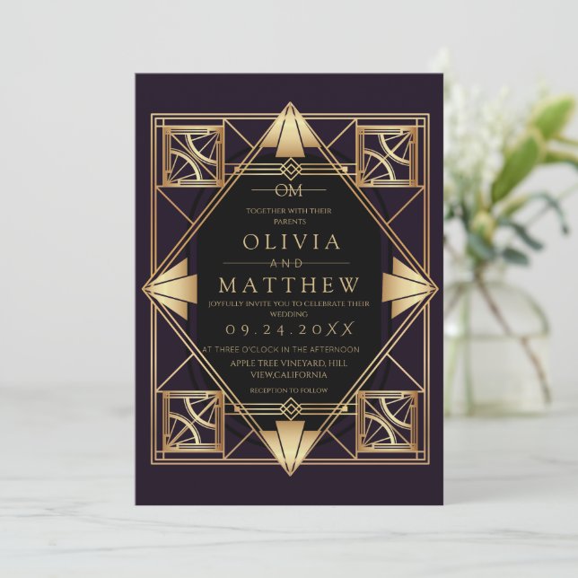 Convites Purple & Gold Art Deco Wedding Invitation  (Em pé/Frente)