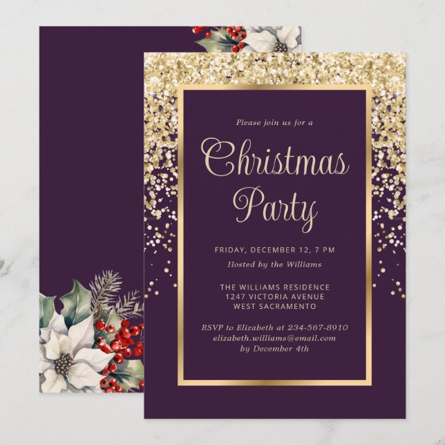 Convites Purple Gold Confetti Botanical Christmas Party (Frente/Verso)
