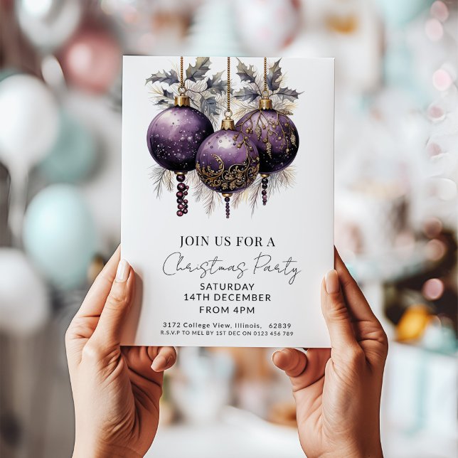 Convites Purple & Gold Elegant Christmas Party  (Criador carregado)