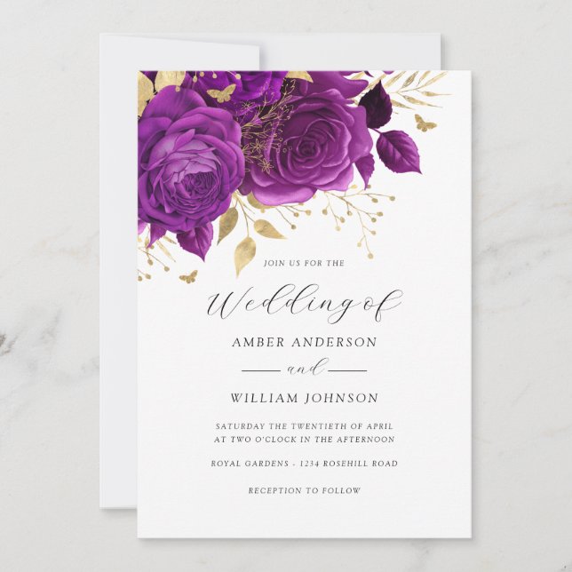 Convites Purple Gold Floral Rose Wedding   (Frente)