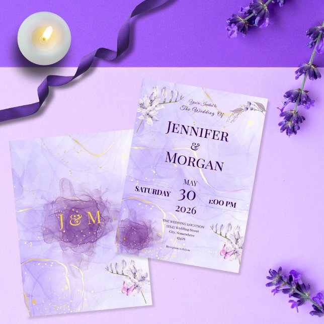 Convites Purple Gold Gothic Floral Wedding Invitation (Criador carregado)