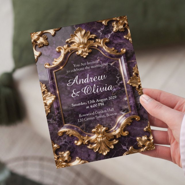 Convites Purple Gold Marble Wedding Invitation (Criador carregado)