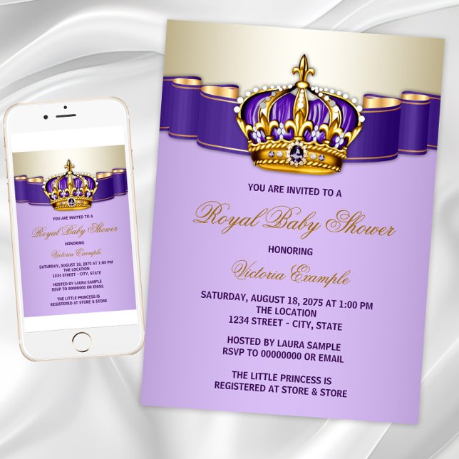 Convites Purple Gold Princess Baby Shower (Instant download and printed invitations available.)