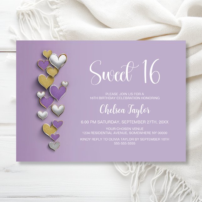 Convites Purple Gold Silver Heart Theme Sweet 16 Birthday (Criador carregado)