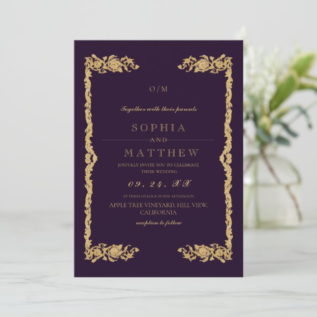 Convites  Purple Gold Wedding Photo Invitation (Em pé/Frente)