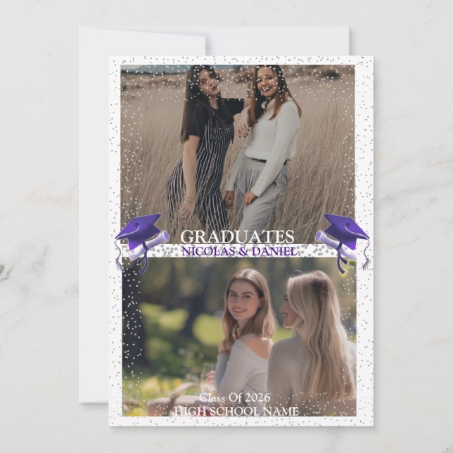 Convites Purple Gray double Graduation Party 2 photo (Verso)