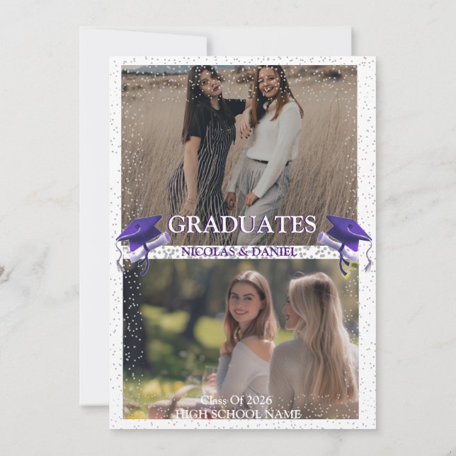 Convites Purple Gray double Graduation Party 2 photo (Verso)