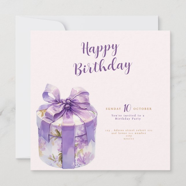Convites purple Happy birthday Gift box invitation (Frente)