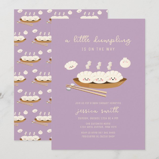Convites Purple Kawaii Stream Bao Dumpling Baby Shower  (Frente/Verso)