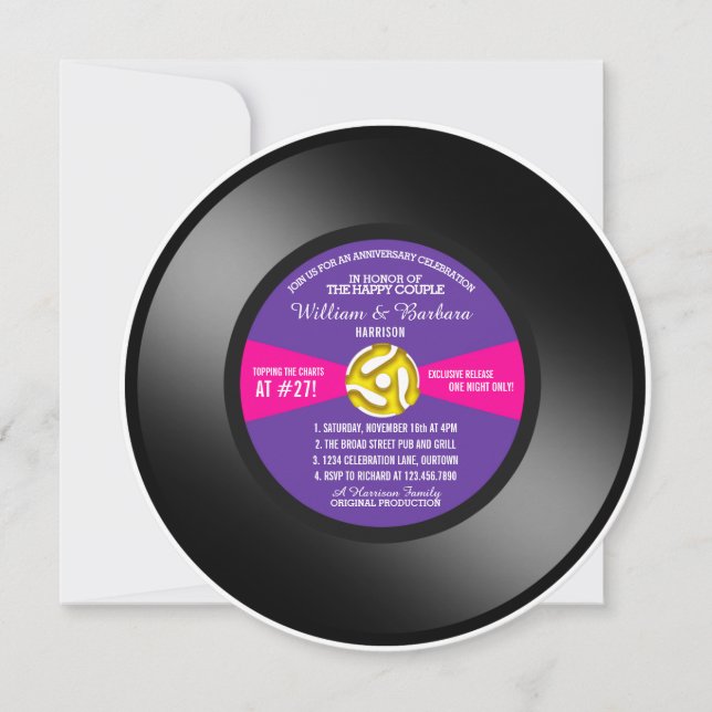 Convites Purple Label Vinyl 45 Record Anniversário Party (Frente)
