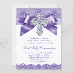 Convites Purple Lace Cross First Santa Comunhão