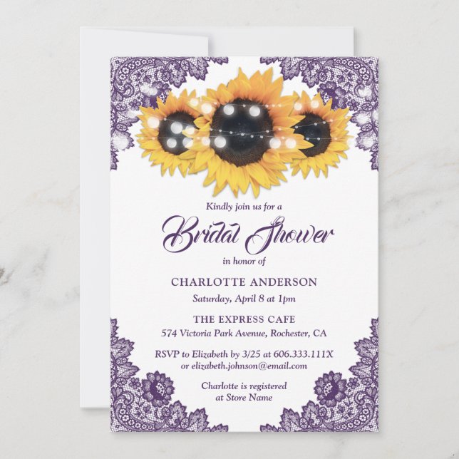 Convites Purple Lace Sunflower String Lights Bridal Shower (Frente)