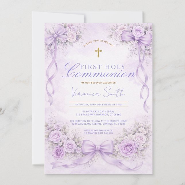Convites Purple Lavender Floral Bow First Holy Communion (Frente)