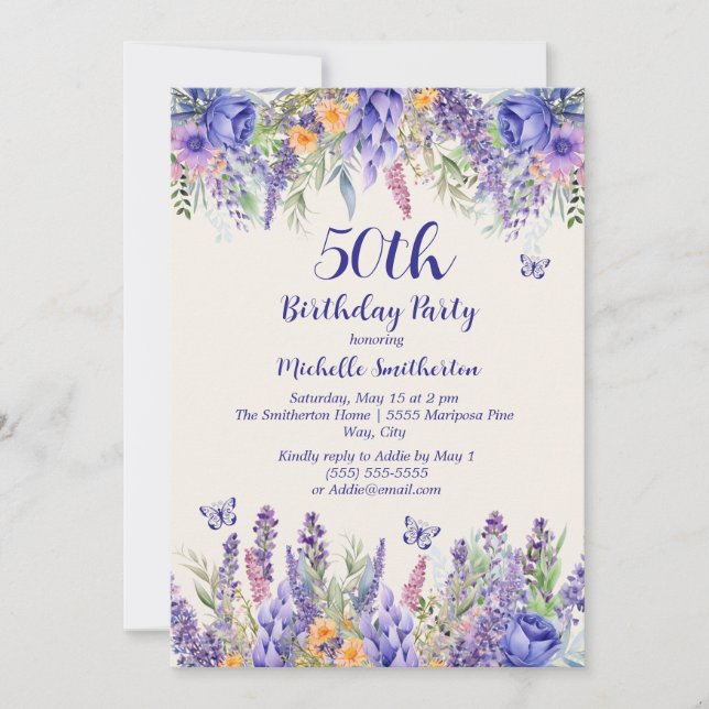 Convites Purple Lavender Floral Garden Party 50th Birthday (Frente)