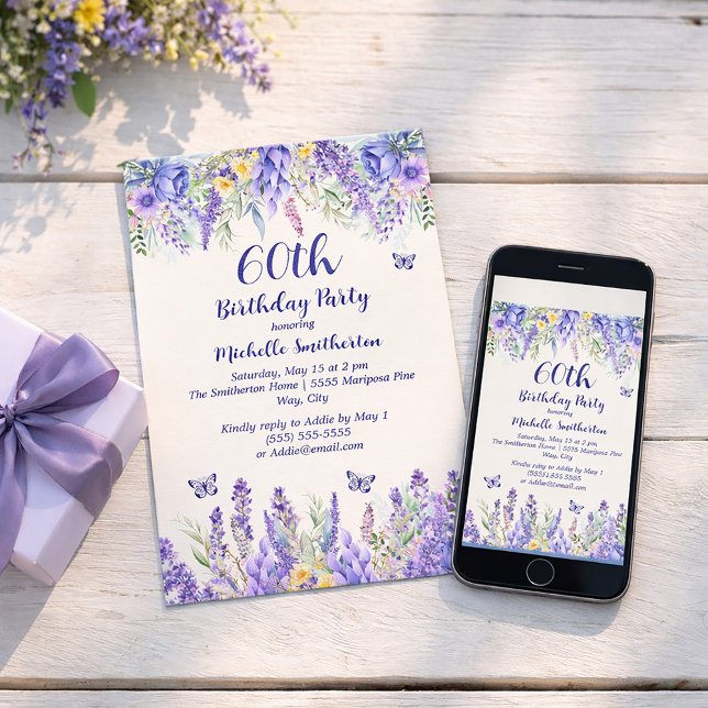 Convites Purple Lavender Floral Garden Party 60th Birthday (60 years!  Celebrate!)