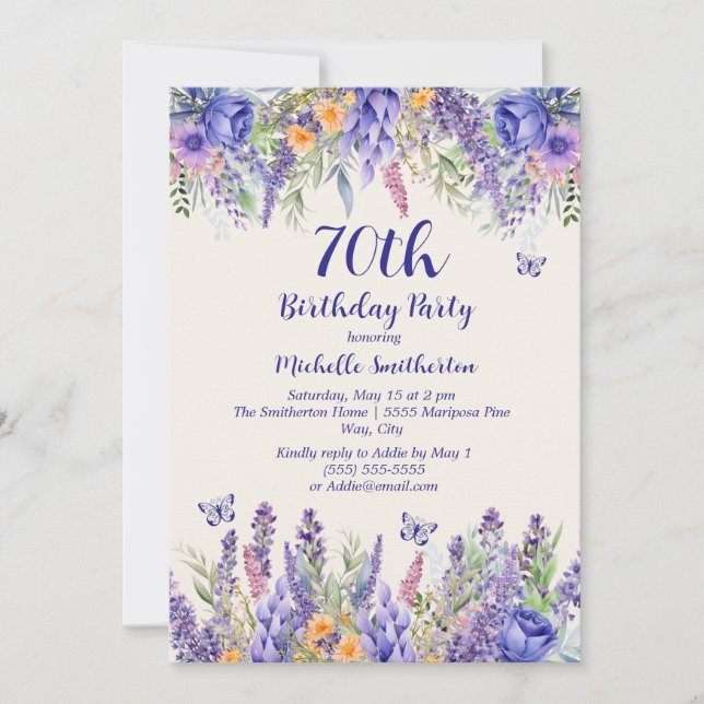 Convites Purple Lavender Floral Garden Party 70th Birthday (Frente)