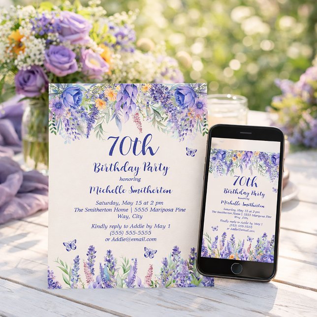 Convites Purple Lavender Floral Garden Party 70th Birthday (Celebrating 70 wonderful years!)