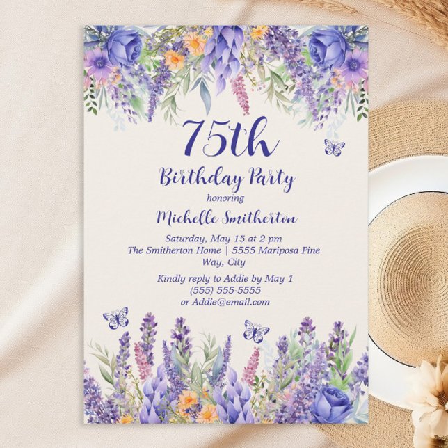 Convites Purple Lavender Floral Garden Party 75th Birthday (Cheers to 75 years!)