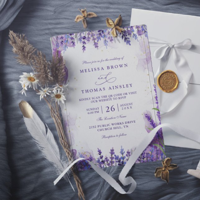 Convites Purple Lavender Floral Modern QR Code Wedding (Criador carregado)