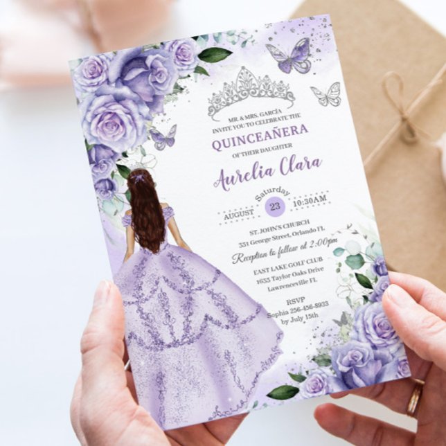 Convites Purple Lavender Floral Silver Quinceanera Sweet 16 (Criador carregado)