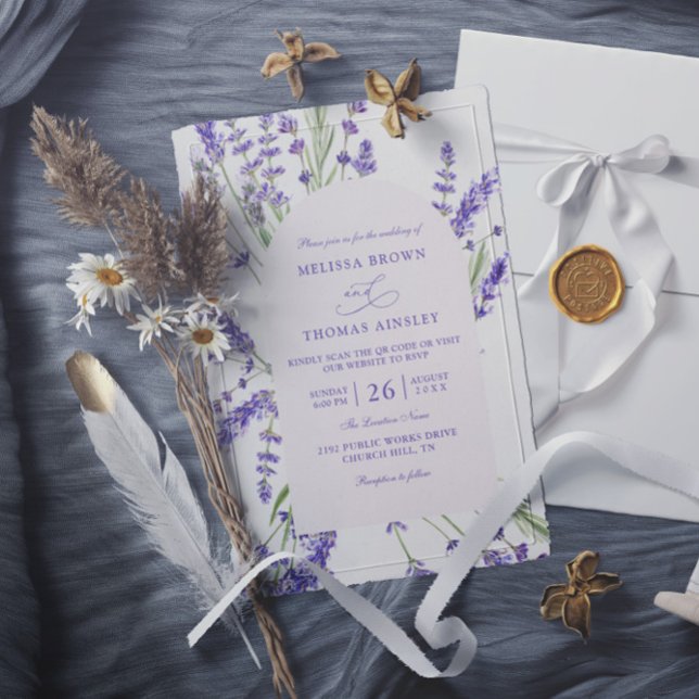 Convites Purple Lavender Rustic Budget QR Code Wedding (Criador carregado)
