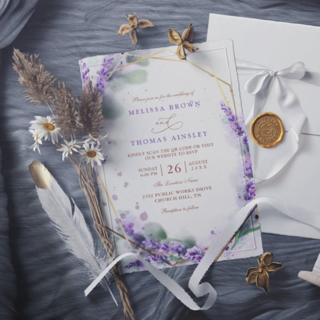 Convites Purple Lavender Rustic Floral QR Code Wedding (Criador carregado)