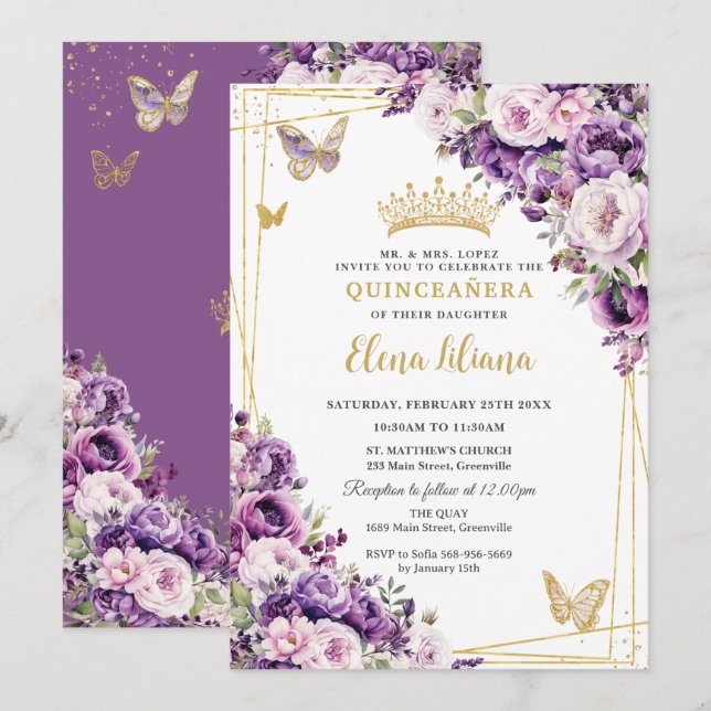 Convites Purple Lilac Blush Floral Quinceanera 15 Sweet 16  (Frente/Verso)