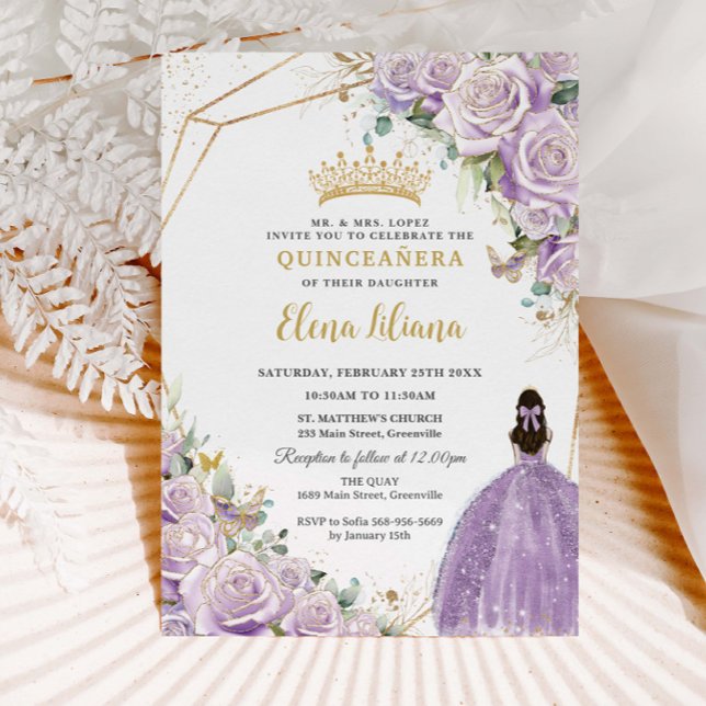 Convites Purple Lilac Floral Princesa Dourada Quinceañera X (Criador carregado)