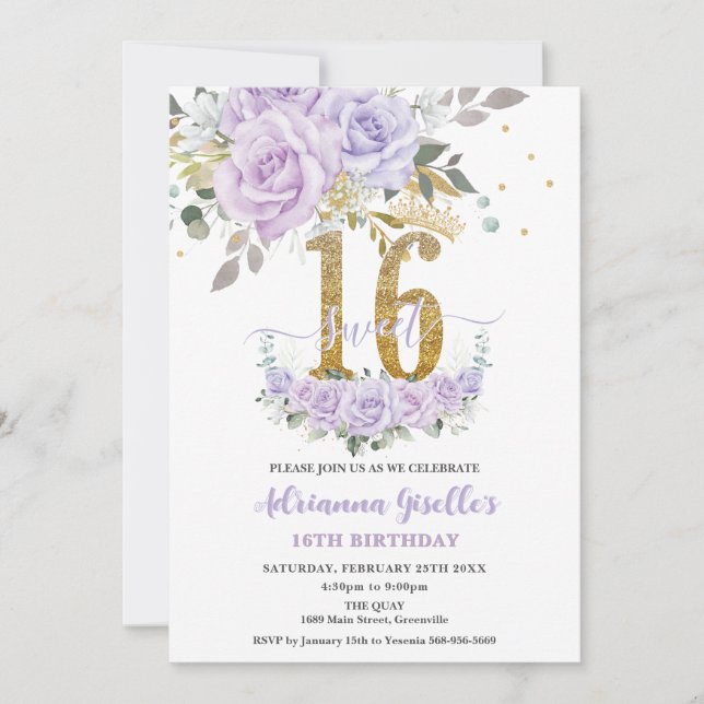 Convites Purple Lilac Floral Sweet Sixteen 16th Birthday (Frente)